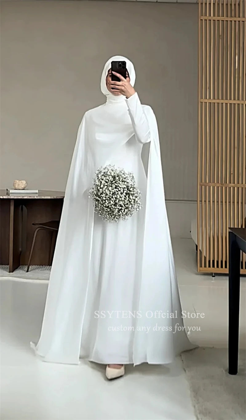 SSYTENS Elegant Muslim Wedding Dresses with Cape High Neck Bride Dress Long Sleeves Customized White Civil Bride Bridal Gowns