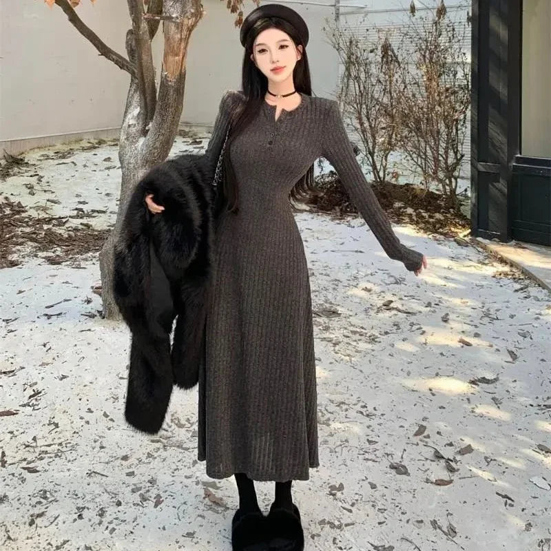 Long Sleeve Dress Women Solid Slim Knit Basic Midi Dress Autumn Winter Elegant All Match Vestidos Female Defined Waist New