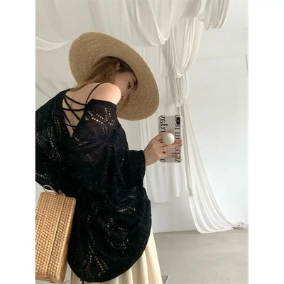 Sexy Hollow V-neck Lace Up Knit Sweater Summer Korean Loose Sun Protection Top Elegant Backless Long Sleeved Beach Top