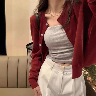 Alobee Red Cardigan Knit Early Autumn Women Clothes New 2024 Outdoor Crop Sweater Outerwear Long Sleeve Top Bottoming Shirt