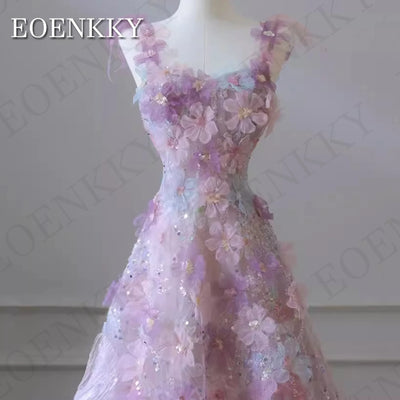 EOENKKY Exquisite 3D Flowers Prom Dresses Glitter Sequin A Line Spaghetti Strap Wedding Party Dress فساتين سهره فاخره Customized