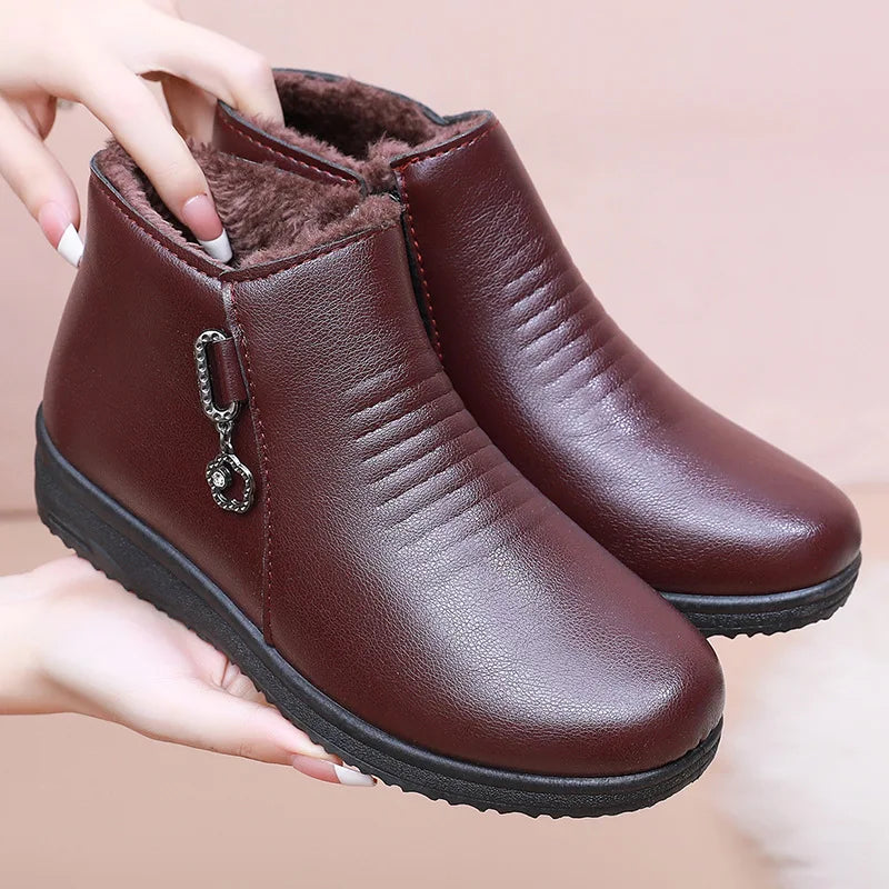 Winter Ankle Boots Fashion Women Leather Boots Plush Warm with Metal Mother Shoes Non-slip Short Boots Woman Botas De Mujer