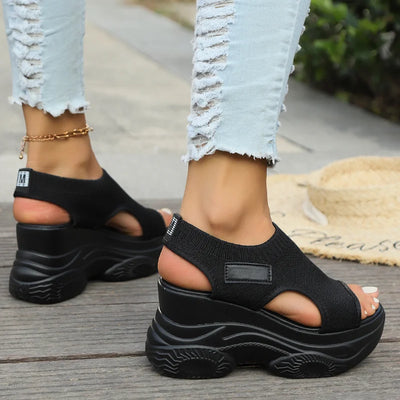 Women's Sandals 2025 Summer Wedge Heel Elastic Cloth Cover Foot Ladies Sandals Thick-soled Fashion Casual Shoes Platform Sandals