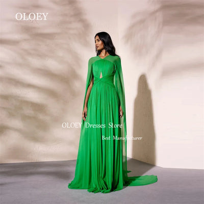 OLOEY Modest Green V Neck Evening Dress Pleats Chiffon Long Sleeves Wedding Party Dress Custom Made Women Prom Gown