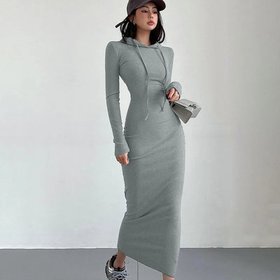 Hooded Midi Dress Women Solid Ins Casual Wrapped Streetwear Vintage Dresses