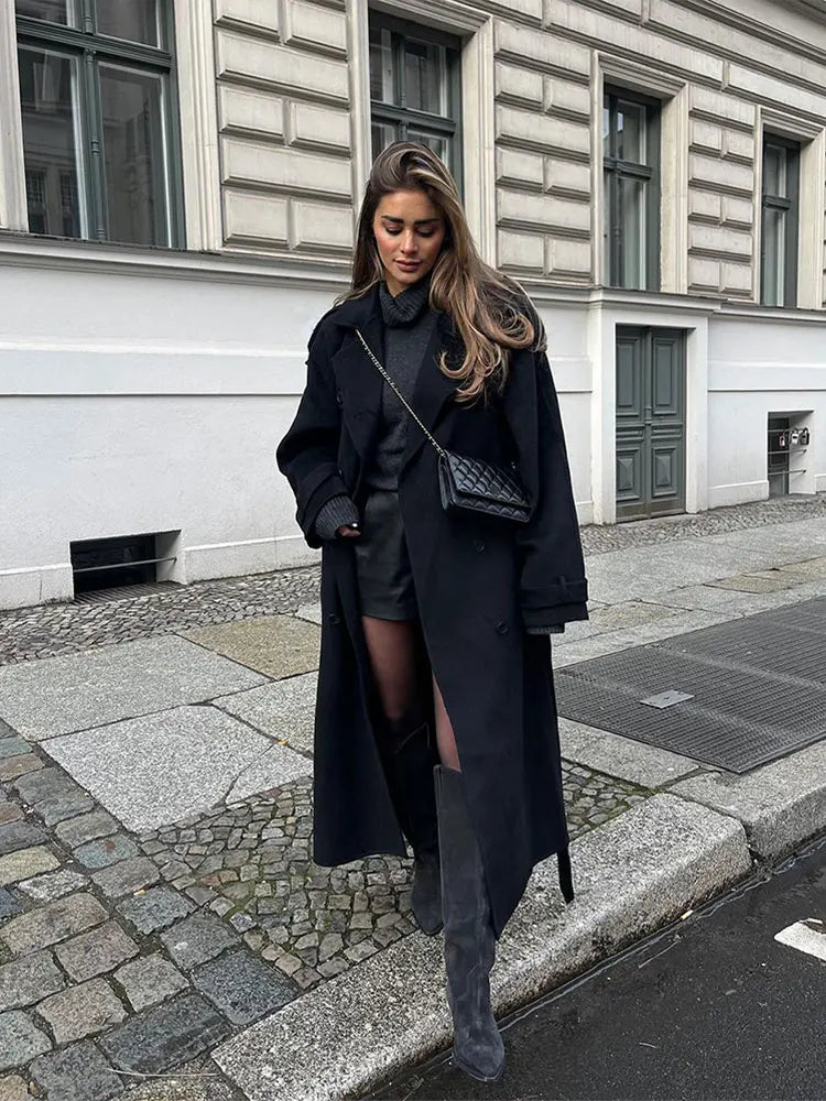 Elegant With Belt Black Long Coat For Women Oversize Woolen Double Button Lapel Overcoat Autumn New Lady High Street Outerwear