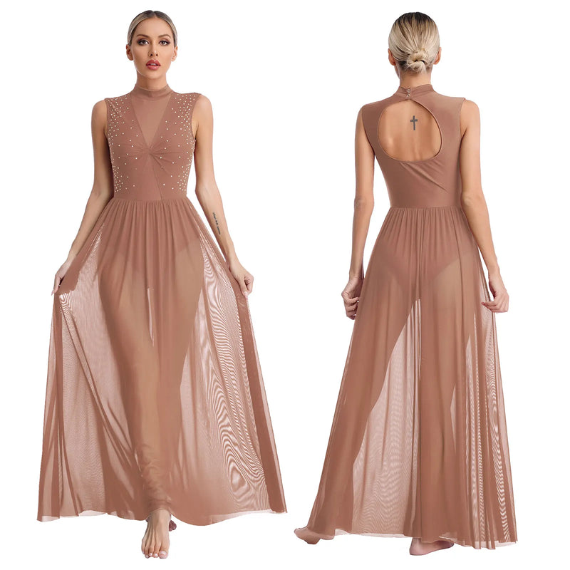 Womens Shiny Rhinestone Lyrical Dance Dress Maxi Dress Mock Neck Sleeveless Tulle Overlay Modern Contemporary Leotard Dresses