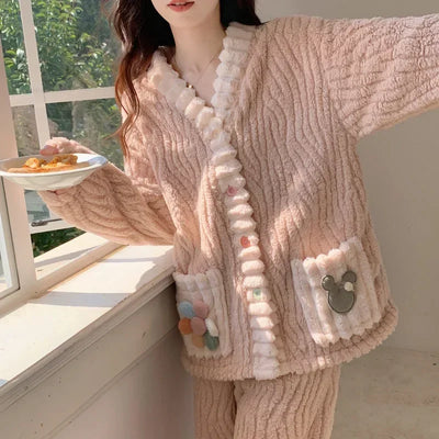 Thickened Warm Flannel Women Sleepwear Loungewear Cardigan Suit Winter Sweet Kawaii Soft Fairy Wind Ladies Pajamas Homewear