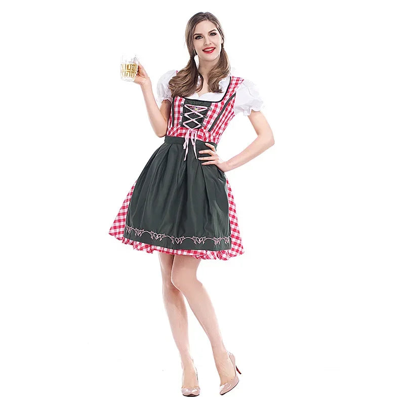 Adult Women Oktoberfest Dirndl Carnival Party Traditional German Bavaria Beer Girl Dress Maid Costume Dress+Apron Outfit