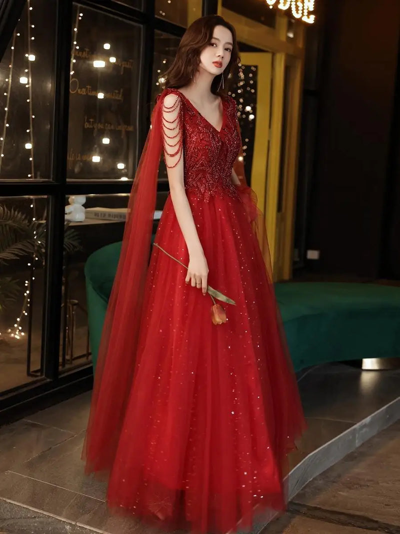 Luxury Sexy V-neck Ball Gown Wedding Evening Party Summer Dress French Red Sequined Bride Wedding Dress Women Formal vestidos