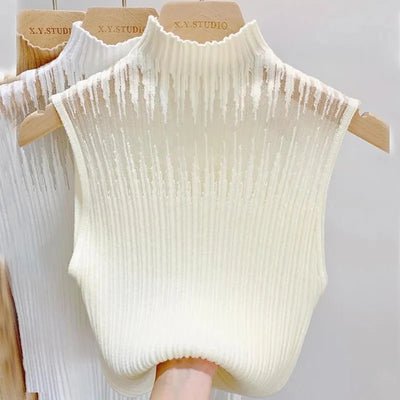 Hollow Out Gauze Tank Top Turtleneck Elegant Sleeveless Design Slim Camis Knitting Solid Chic Corset Women's Tube Top