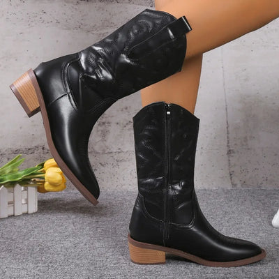 2024 Women's Cowboy Boots Embroidered Pointed Toe Thick Heel Ankle Western Boots Silver Tassel Cowgirl Women's Boots Zapatos