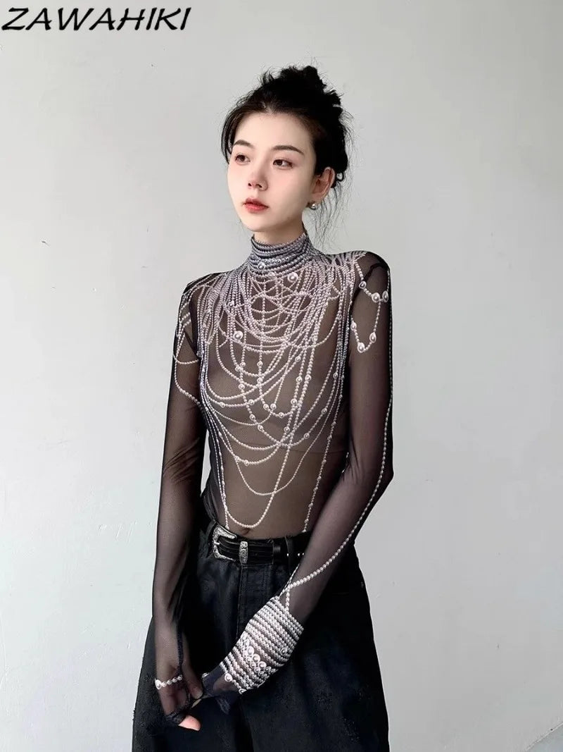 Graphic Long Sleeve T Shirts Women Gauze Transparent Slim Mesh Mock Neck Fashion Y2K Top Female Aesthetic Grunge Sexy Crop Tops