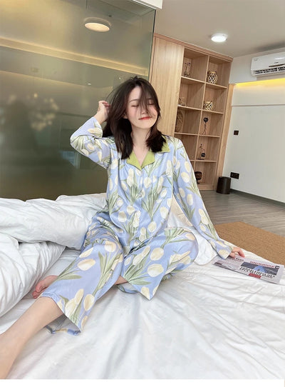 2023 Spring Autumn New Ice Silk 2 Pieces Pajamas for Women Fashion Cardigan Women's Pajamas Sweet Printing Loungewear Women Set