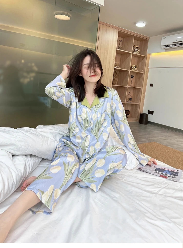 2023 Spring Autumn New Ice Silk 2 Pieces Pajamas for Women Fashion Cardigan Women&