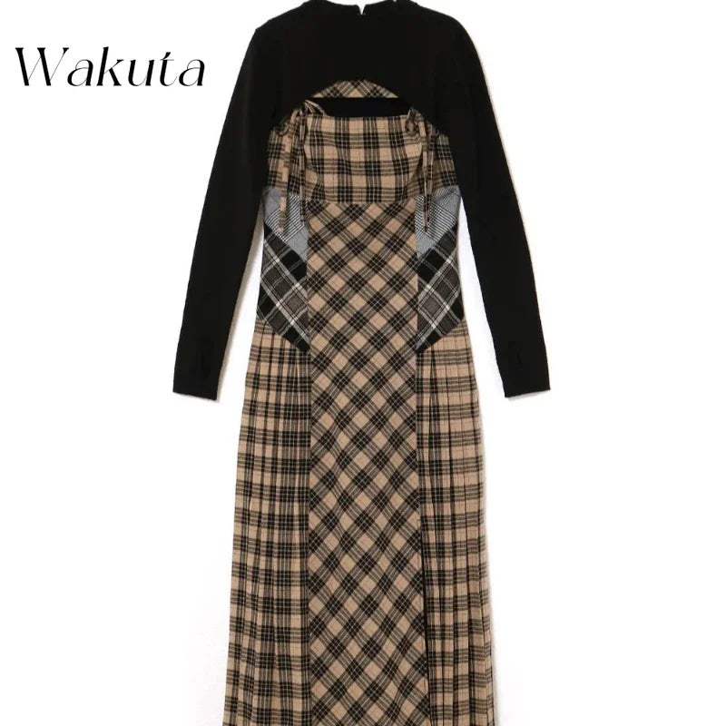 WAKUTA Japanese Retro Hollowed Out Sleeveless Plaid Dress Fashion Autumn Winter Waisted Hip Y2k Dress with Shawl Female Clothing