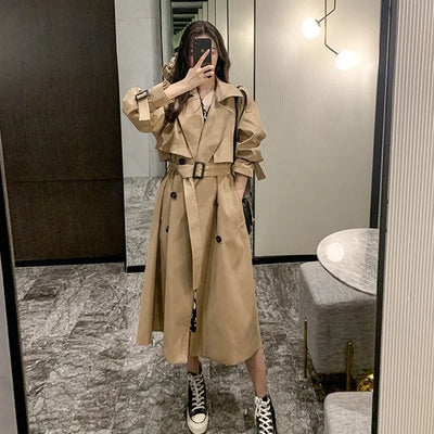 Womens Autumn Classic Double Breasted Long Trench Jacket with Belt Female Solid Color Lapels Windbreaker Winter Coat for Women