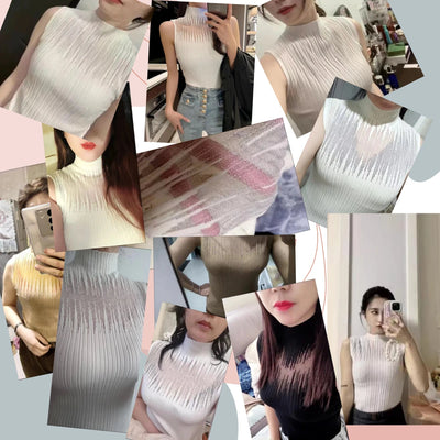 Hollow Out Gauze Tank Top Turtleneck Elegant Sleeveless Design Slim Camis Knitting Solid Chic Corset Women's Tube Top