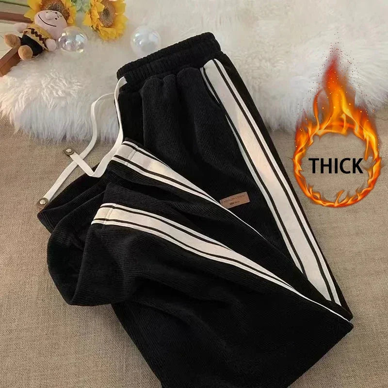 2024 Corduroy Striped Sweatpants Women Streetwear Thick Wide Leg Pants Y2K Harajuku High Waist Joggers Korean Baggy Trousers