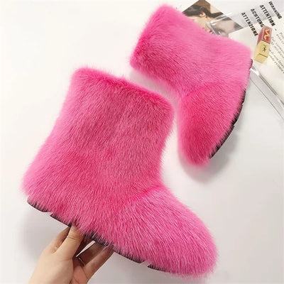 Women's Winter Snow Boots Outdoor Luxury Furry Non-Slip Women Winter Shoes Woman Mink Fur Warm Platfrom Shoes New Fashion Bottes