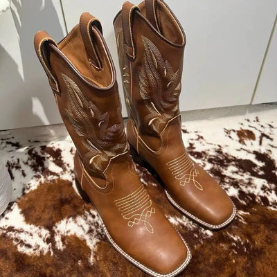 Fall Women Mid-calf Boots 2024 Vintage Leather-covered Brown Western Cowboy Boots Embroidered Chunky Heel Thigh-high Knight Boot