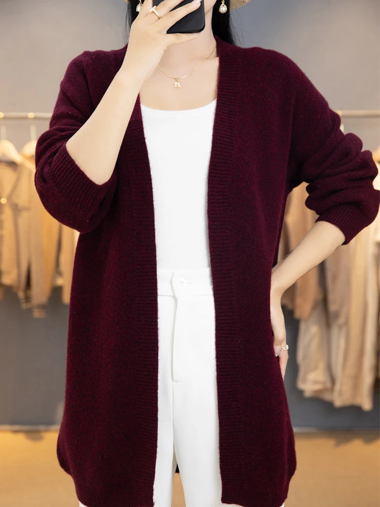 ADDONEE Women Long Cardigan Autumn Winter Cashmere Sweater Casual Loose Style Coat 100% Merino Wool Knitwear Korean Fashion Tops