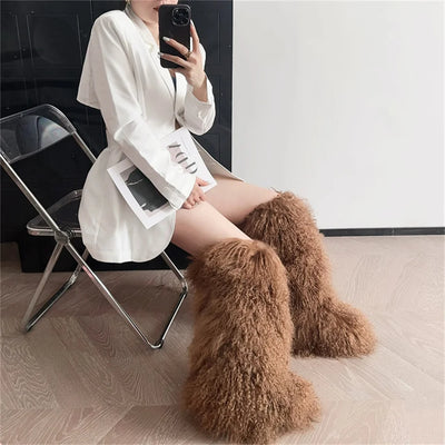 New Fashion Mongolia Fur Woman Snow Boots Fluffy Knee-High Boot Winter Women Fashion Snow Boot Warm Cotton Shoes