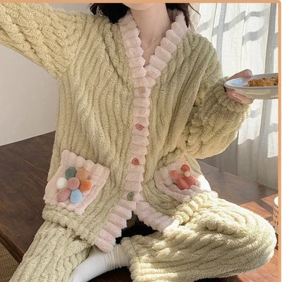 Thickened Warm Flannel Women Sleepwear Loungewear Cardigan Suit Winter Sweet Kawaii Soft Fairy Wind Ladies Pajamas Homewear