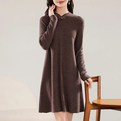 100% Merino Wool Women's Midi Dress, Buttoned, Elegant, Long Sleeves, Knitted, Crew Neck, Warm, Fall/Winter 2024, Clothing