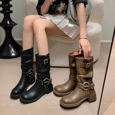 Winter Cowboy Boots for Women Fashion Slip On Ladies Casual Short Boots Thick Bottom Mordern Botas 2024