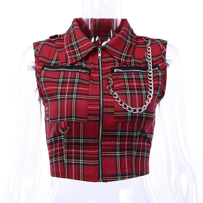 Plaid Punk Streetwear Zipper Chain Plaid Female Goth Retro Hi Hop Camis Top Gothic Chic Sexy Crop Tops Women T-shirt