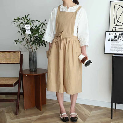 Long Pleated Waterproof Cotton Kitchen Apron for Salon Beauty Women's Anti-dirty Cooking Baking Pinafore Cleaning Work Clothes