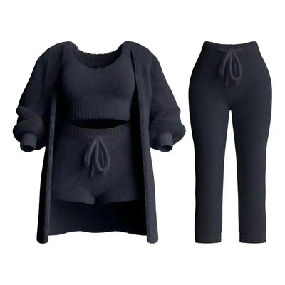 4 Pcs/Set Womens Cosy Outfits O Neck Cropped Tank Tops Long Sleeve Fleece Warm Hooded Comfortable Loungewear