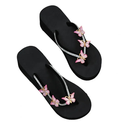 Women's Wedge Flip Flops Sandals Comfortable Sole Flip Flops Stylish Rhinestone Butterfly Wedge Flip Flops for Women Platform