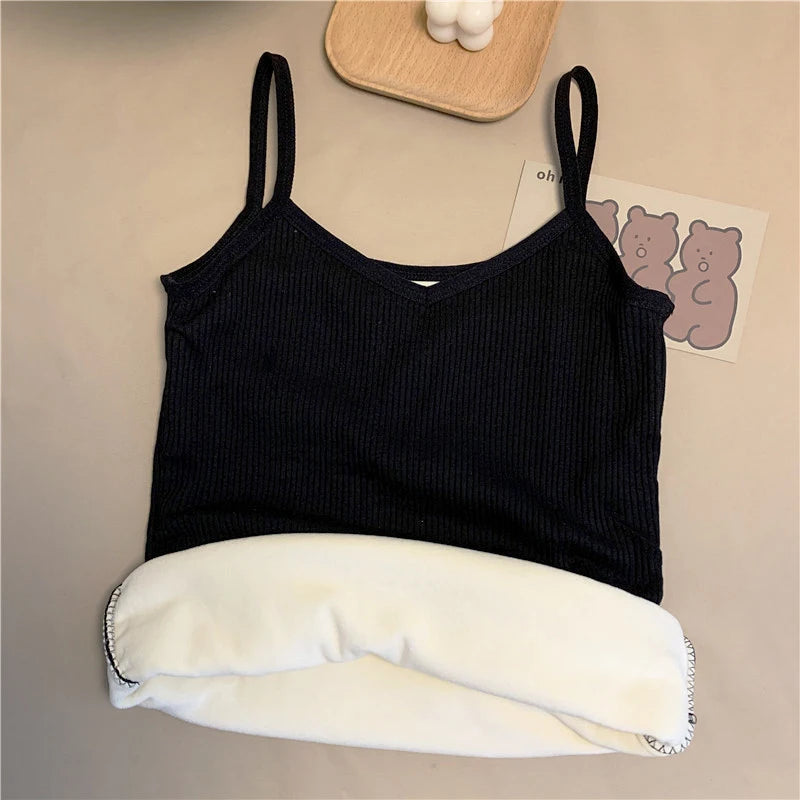 Women Winter Warm Underwear Solid Color Thermal Casual Nightwear Sexy Elasticity Female Thin Velvet T-Shirt Sleeveless Tops