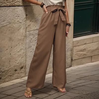 Fashion Vintage Striped Trousers Summer Women New Frenulum Ruffles Elastic Waist Bow Casual Loose Wide Legs Office Lady Trousers