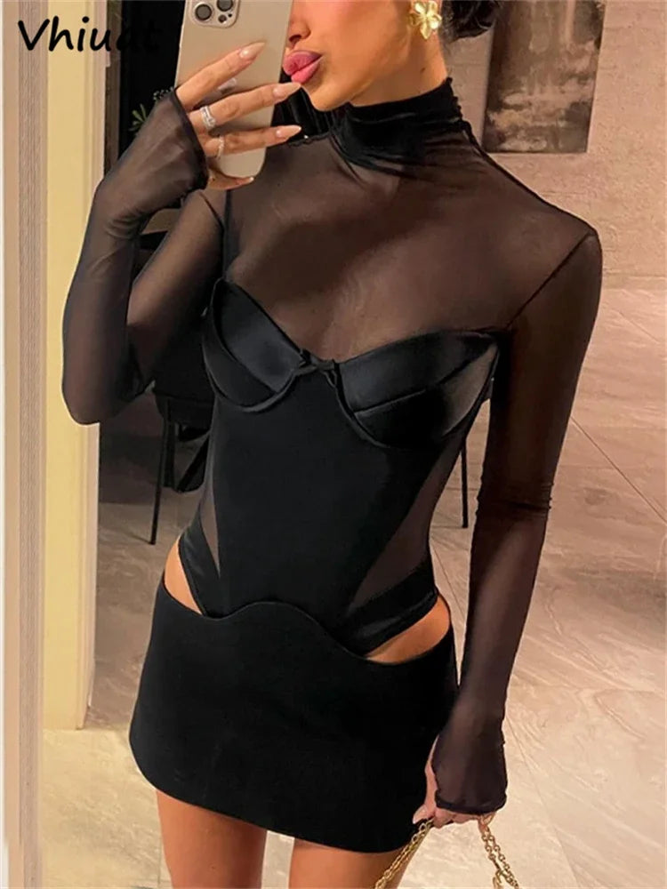 Vhiuat Sexy Cut Out Mesh Patchwork Turtleneck Long Sleeve Wrap Short Dress 2024 Party Evening Elegant Party Birthday Mini Dress