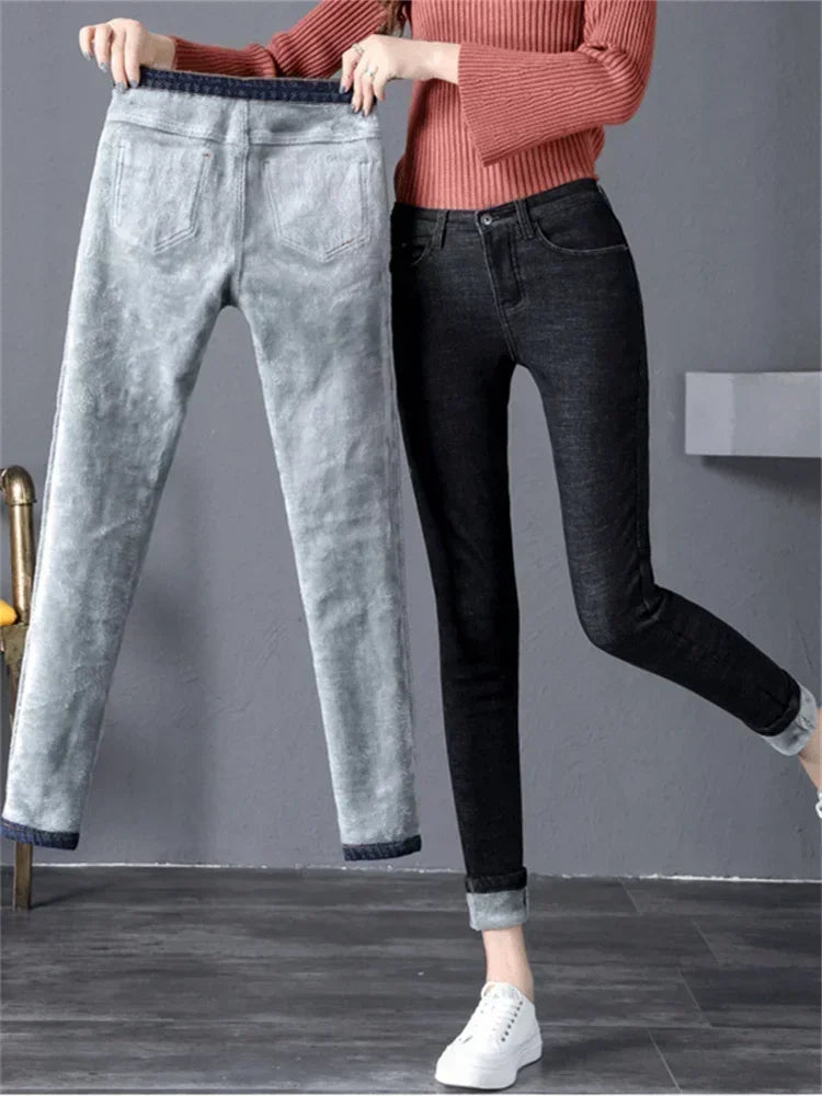 2022 Winter Jeans Women Gold Fleeces Inside Thickening Denim Pants High Waist Warm Trousers Female jeans woman Pants