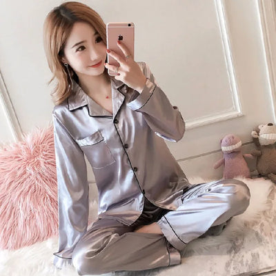 Plus Size Ice Silk Pajamas Women Long-Sleeved Solid Colour Loose 5xl Home Wear Ladies Comfortable Sleepwear 2PCS Set Nightwear