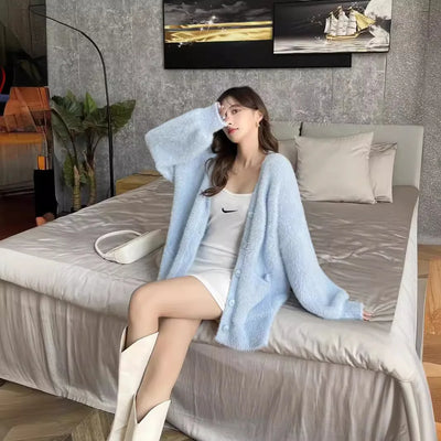 Imitation Mink Fur V-neck Lazy Style Knitted Cardigan Lantern Sleeve Sweater Women's New Pocket Jacket