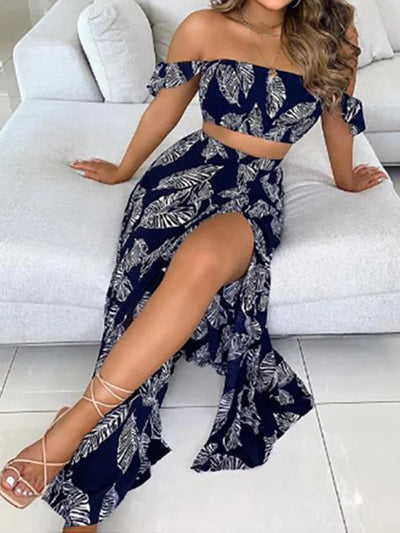 2-Piece Boho Chic Ensemble Off-Shoulder Smocked Tube Top&Floral High-Waist Split Maxi Skirt Summer Women Casual Wear Dress Sets