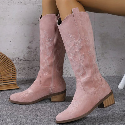 Women Chelsea Cowboy Knee High Boots for Women Mid Heels Walking Shoes Winter Fashion Zipper Chunky Boots Pumps Punk High Botas