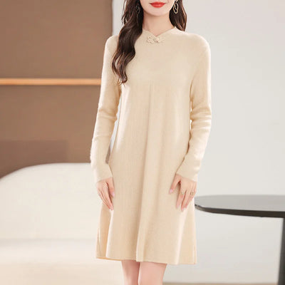 100% Merino Wool Women's Midi Dress, Buttoned, Elegant, Long Sleeves, Knitted, Crew Neck, Warm, Fall/Winter 2024, Clothing