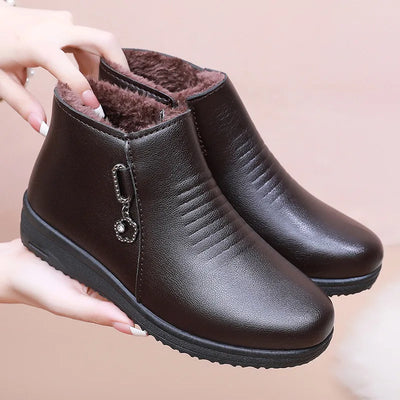 Winter Ankle Boots Fashion Women Leather Boots Plush Warm with Metal Mother Shoes Non-slip Short Boots Woman Botas De Mujer