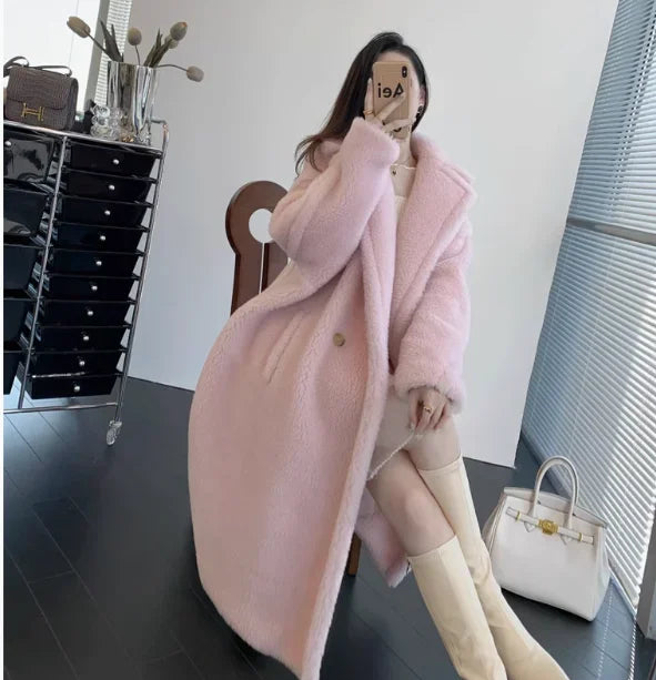 Milk White Teddy Coat Silhouette Alpaca Fur Medium Long Teddy Fur Coat for Women