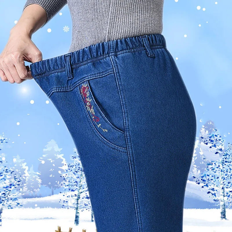 Winter Plush Velvet Lined Jeans Straight Denim Pants Mom High Waist Embroided Baggy Vaqueros Vintage Thicken Warm Kot Pantolon