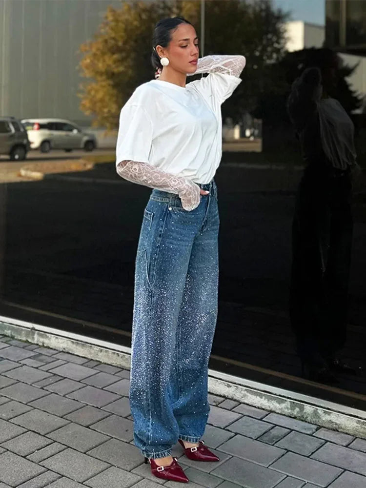 Gradient Blue Women Jeans With Rhinestone Casual High Wait Wide Legs Pockets Denim Pant 2025 Spring Chic Street Trousers Lady