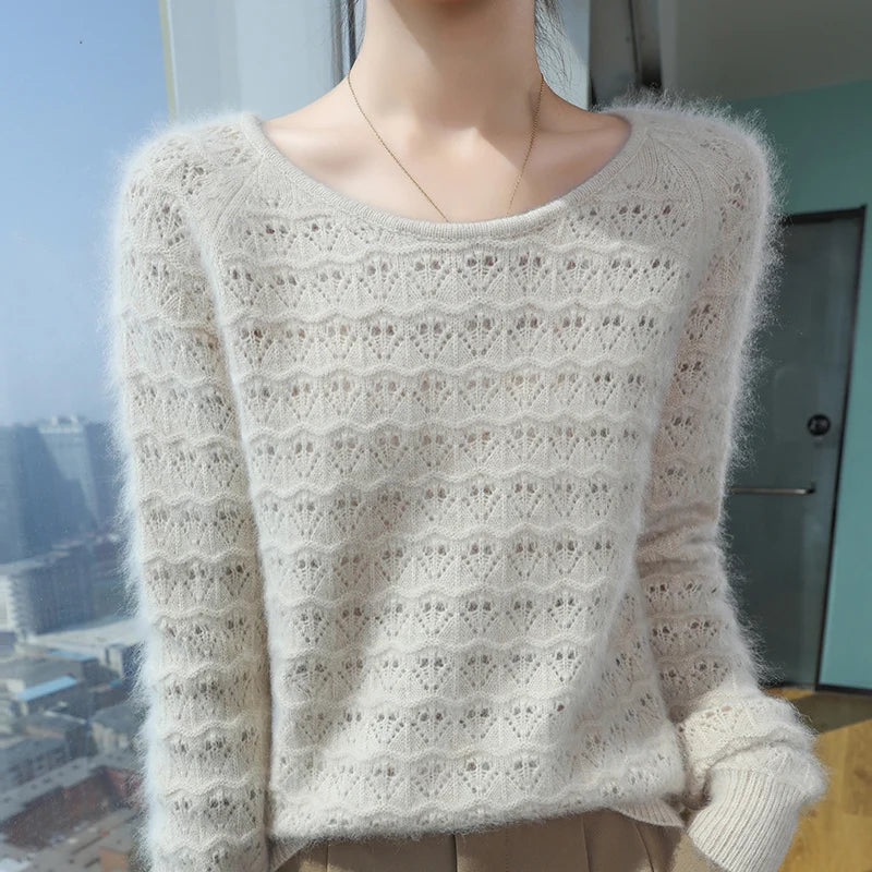 2025 Autumn And Winter New 100% Pure Mink Fur Knitted Hollow Sweater Women&