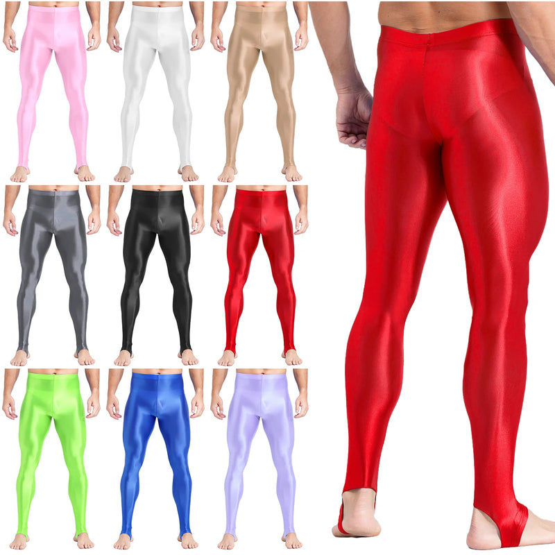 Mens Glossy Sports Pants Stirrup Leggings High Waist Elastic Waist Tights Gym Workout Pants Tummy Control Yoga Fitness Pants