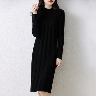 100% Merino Wool Women's Knitted Dress, Crew Neck, Stripes, Casual, Fashionable, Warm, Mid-Length, Autumn/Winter 2024